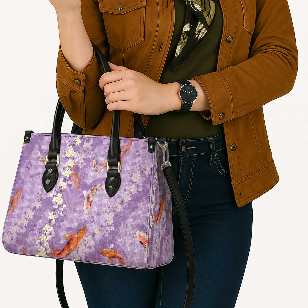 Purple Palaka Hawaiian And Japanese Leather Bag Sakura Lei With Koi Fish - Polynesian Pride