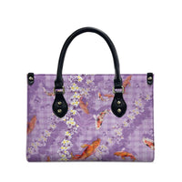Purple Palaka Hawaiian And Japanese Leather Bag Sakura Lei With Koi Fish - Polynesian Pride