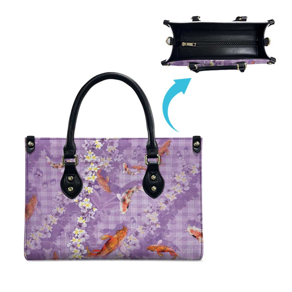 Purple Palaka Hawaiian And Japanese Leather Bag Sakura Lei With Koi Fish - Polynesian Pride