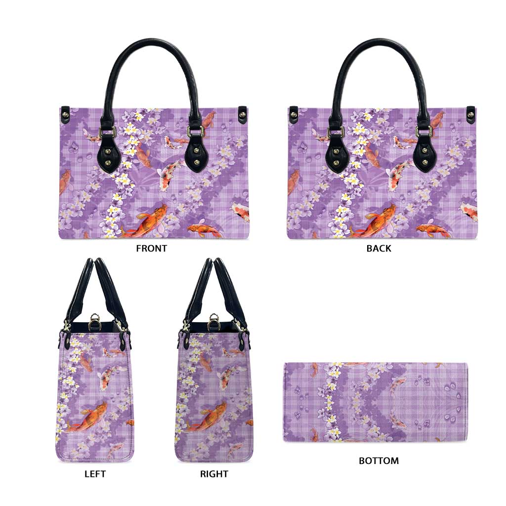 Purple Palaka Hawaiian And Japanese Leather Bag Sakura Lei With Koi Fish - Polynesian Pride