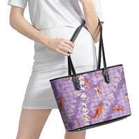 Purple Palaka Hawaiian And Japanese Leather Tote Bag Sakura Lei With Koi Fish - Polynesian Pride