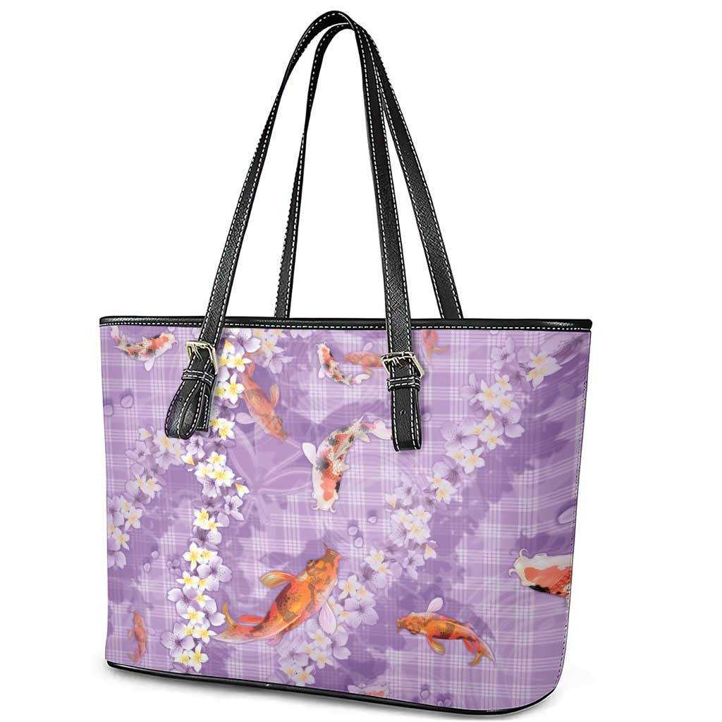 Purple Palaka Hawaiian And Japanese Leather Tote Bag Sakura Lei With Koi Fish - Polynesian Pride
