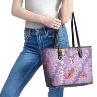 Purple Palaka Hawaiian And Japanese Leather Tote Bag Sakura Lei With Koi Fish - Polynesian Pride