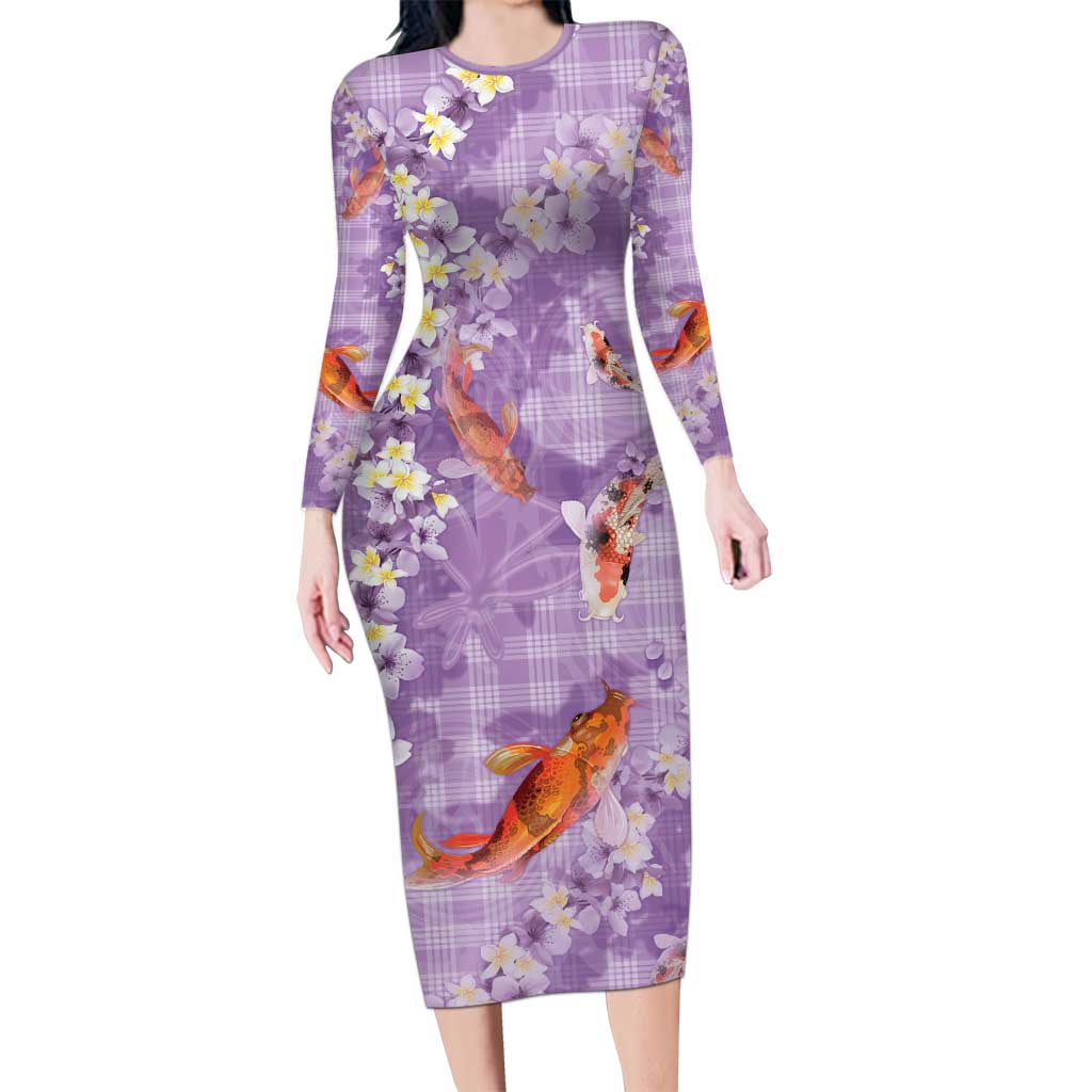 Purple Palaka Hawaiian And Japanese Long Sleeve Bodycon Dress Sakura Lei With Koi Fish - Polynesian Pride