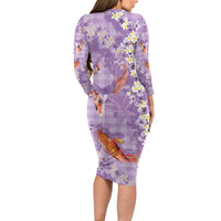 Purple Palaka Hawaiian And Japanese Long Sleeve Bodycon Dress Sakura Lei With Koi Fish - Polynesian Pride