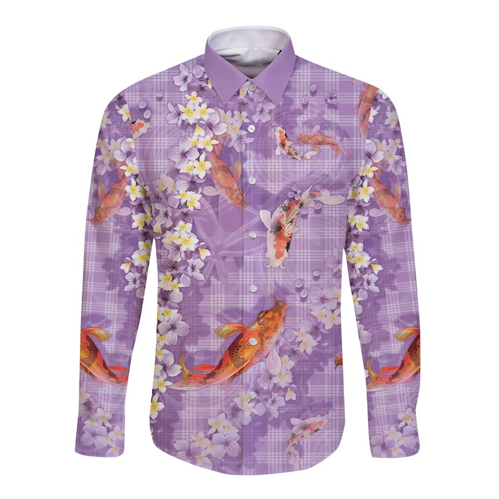 Purple Palaka Hawaiian And Japanese Long Sleeve Button Shirt Sakura Lei With Koi Fish - Polynesian Pride