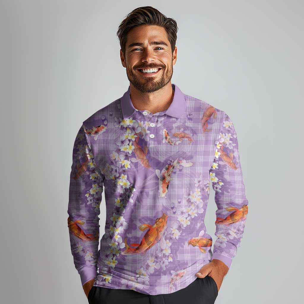 Purple Palaka Hawaiian And Japanese Long Sleeve Polo Shirt Sakura Lei With Koi Fish - Polynesian Pride