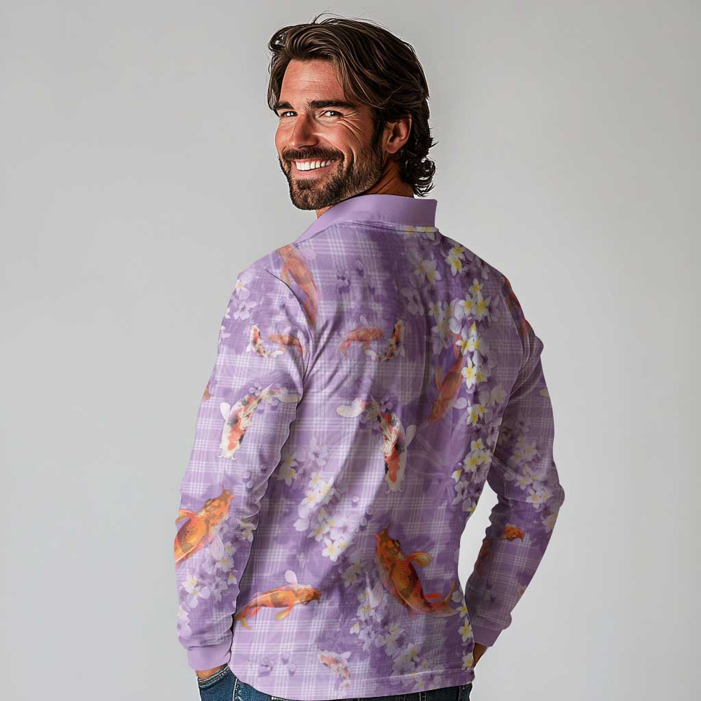 Purple Palaka Hawaiian And Japanese Long Sleeve Polo Shirt Sakura Lei With Koi Fish - Polynesian Pride