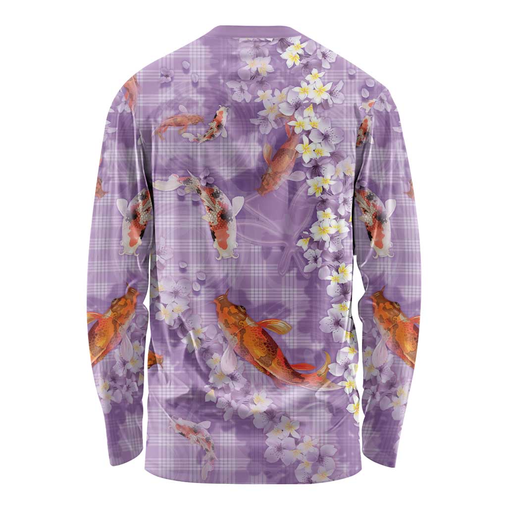 Purple Palaka Hawaiian And Japanese Long Sleeve Shirt Sakura Lei With Koi Fish - Polynesian Pride