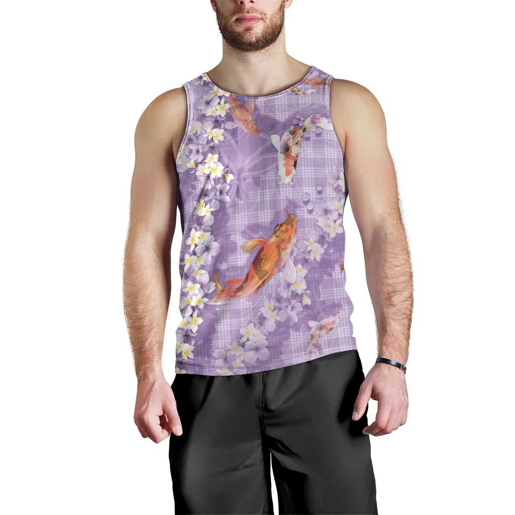 Purple Palaka Hawaiian And Japanese Men Tank Top Sakura Lei With Koi Fish - Polynesian Pride