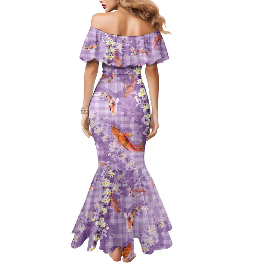 Purple Palaka Hawaiian And Japanese Mermaid Dress Sakura Lei With Koi Fish - Polynesian Pride
