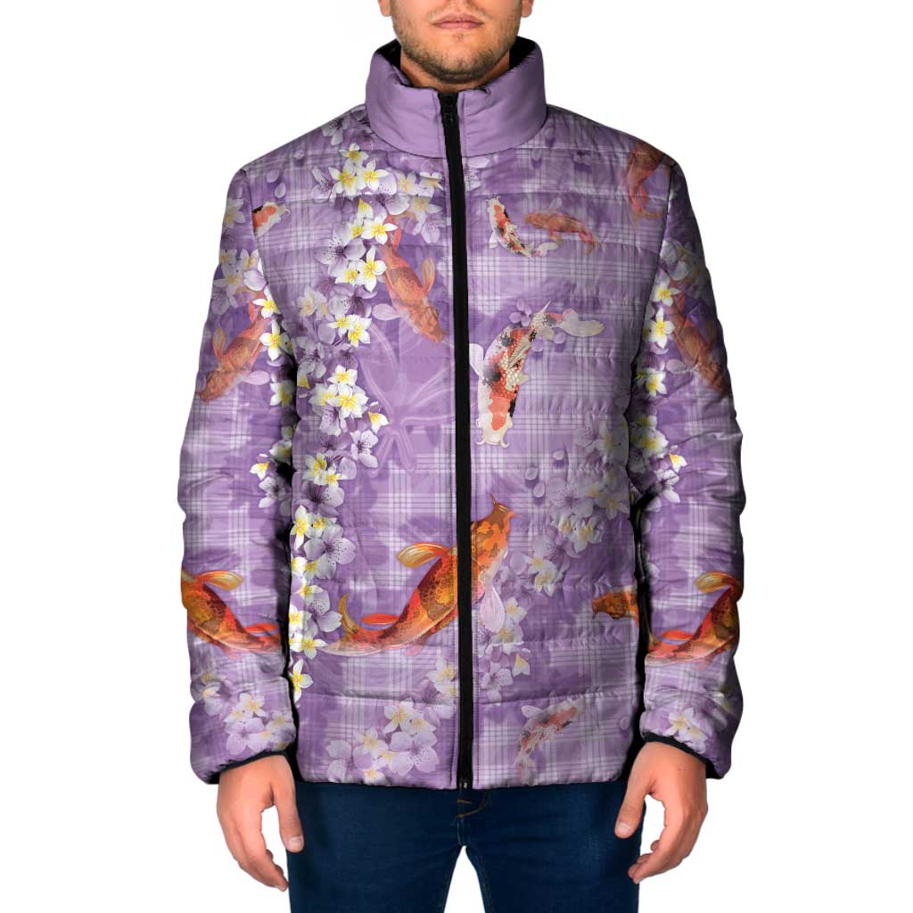 Purple Palaka Hawaiian And Japanese Padded Jacket Sakura Lei With Koi Fish - Polynesian Pride