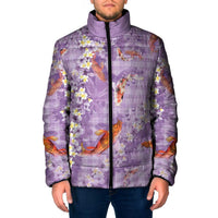 Purple Palaka Hawaiian And Japanese Padded Jacket Sakura Lei With Koi Fish - Polynesian Pride