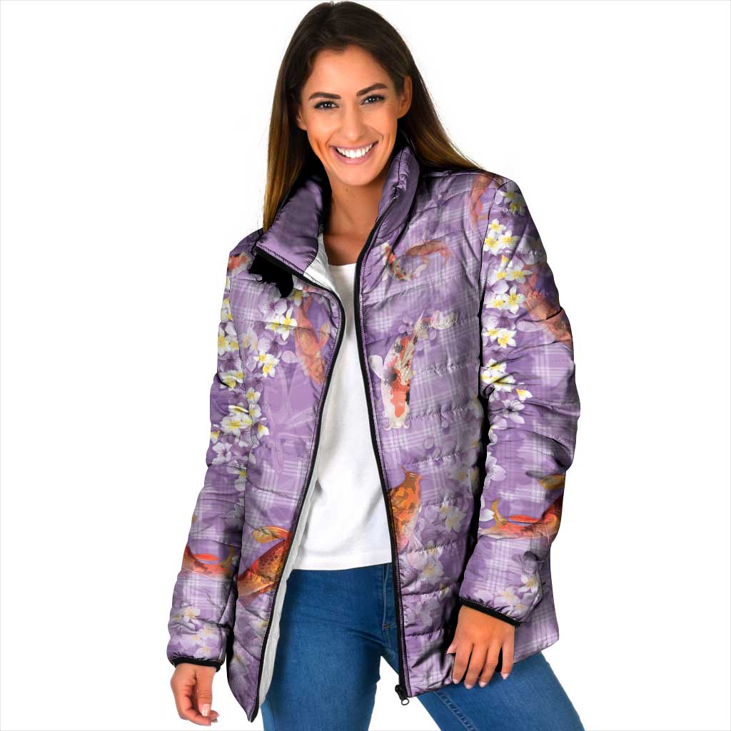 Purple Palaka Hawaiian And Japanese Padded Jacket Sakura Lei With Koi Fish - Polynesian Pride