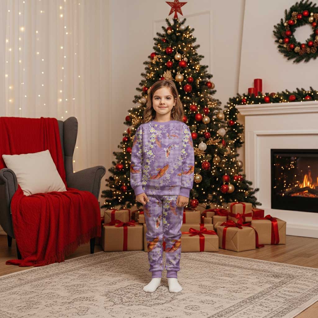 Purple Palaka Hawaiian And Japanese Christmas Pajama Set Sakura Lei With Koi Fish - Polynesian Pride