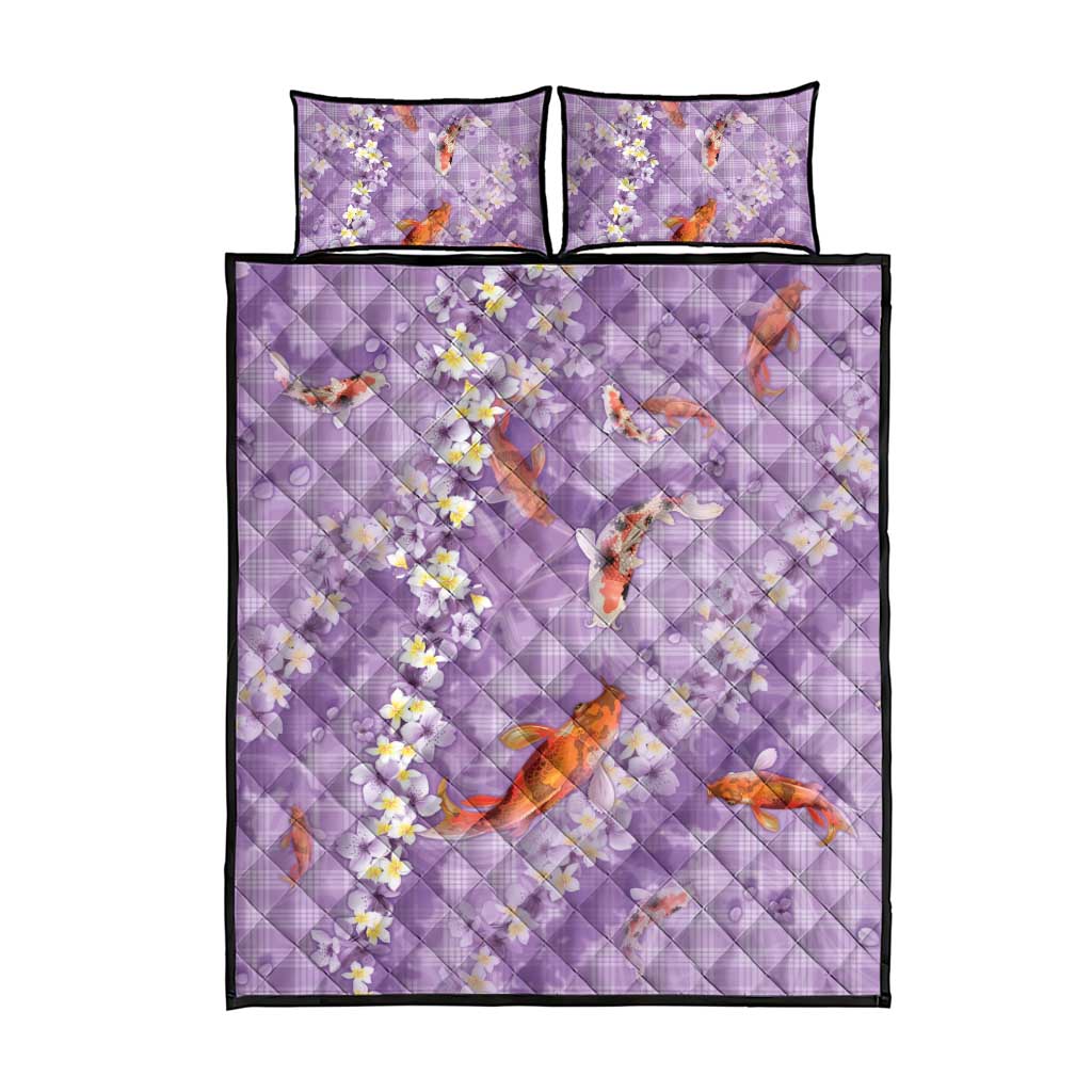 Purple Palaka Hawaiian And Japanese Quilt Bed Set Sakura Lei With Koi Fish - Polynesian Pride