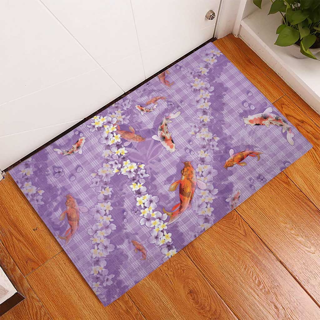 Purple Palaka Hawaiian And Japanese Rubber Doormat Sakura Lei With Koi Fish - Polynesian Pride