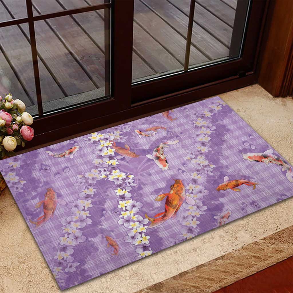 Purple Palaka Hawaiian And Japanese Rubber Doormat Sakura Lei With Koi Fish - Polynesian Pride