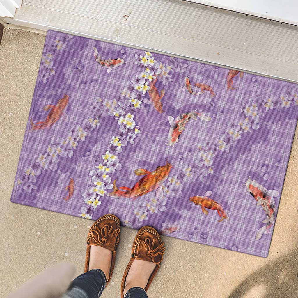 Purple Palaka Hawaiian And Japanese Rubber Doormat Sakura Lei With Koi Fish - Polynesian Pride