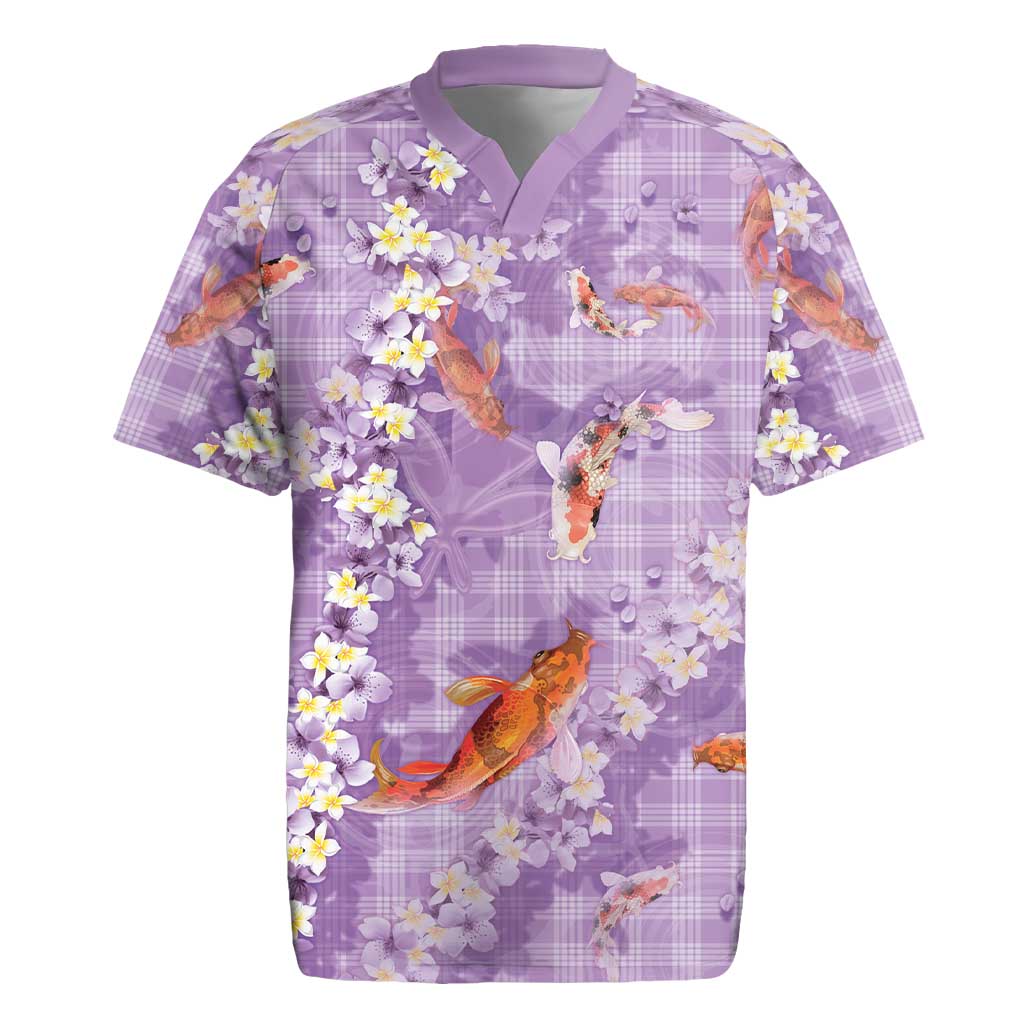 Purple Palaka Hawaiian And Japanese Rugby Jersey Sakura Lei With Koi Fish - Polynesian Pride