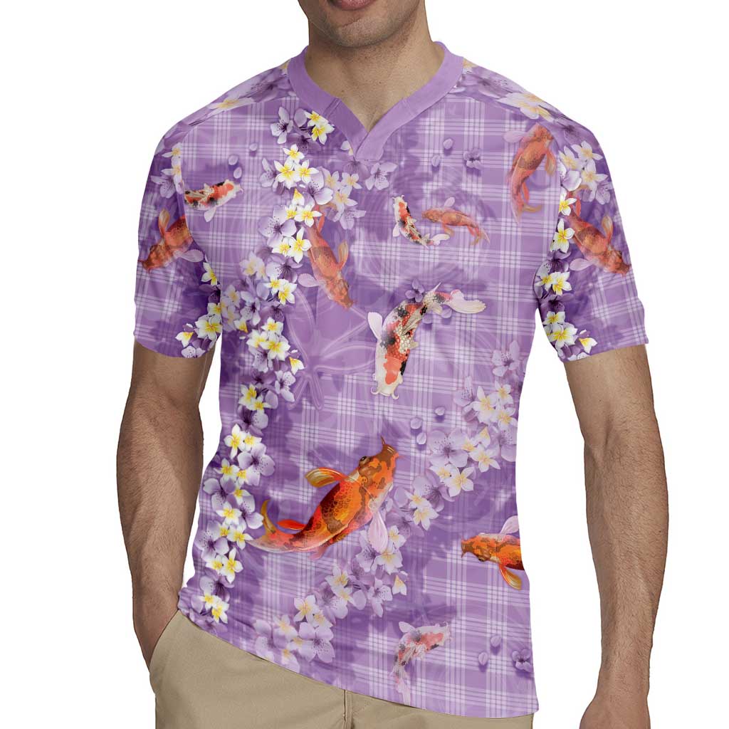 Purple Palaka Hawaiian And Japanese Rugby Jersey Sakura Lei With Koi Fish - Polynesian Pride