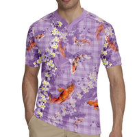 Purple Palaka Hawaiian And Japanese Rugby Jersey Sakura Lei With Koi Fish - Polynesian Pride