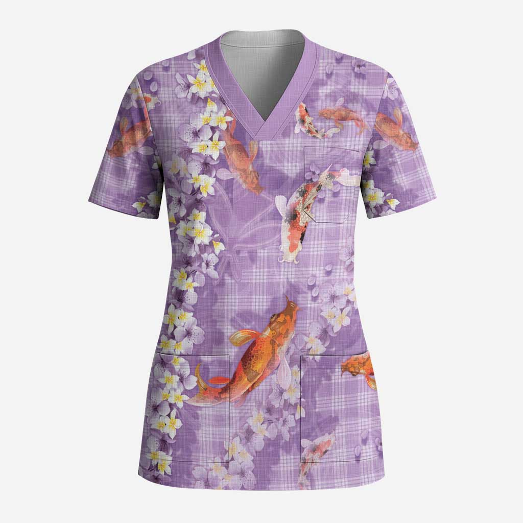 Purple Palaka Hawaiian And Japanese Scrub Top Sakura Lei With Koi Fish - Polynesian Pride