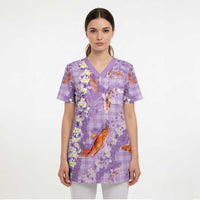 Purple Palaka Hawaiian And Japanese Scrub Top Sakura Lei With Koi Fish - Polynesian Pride