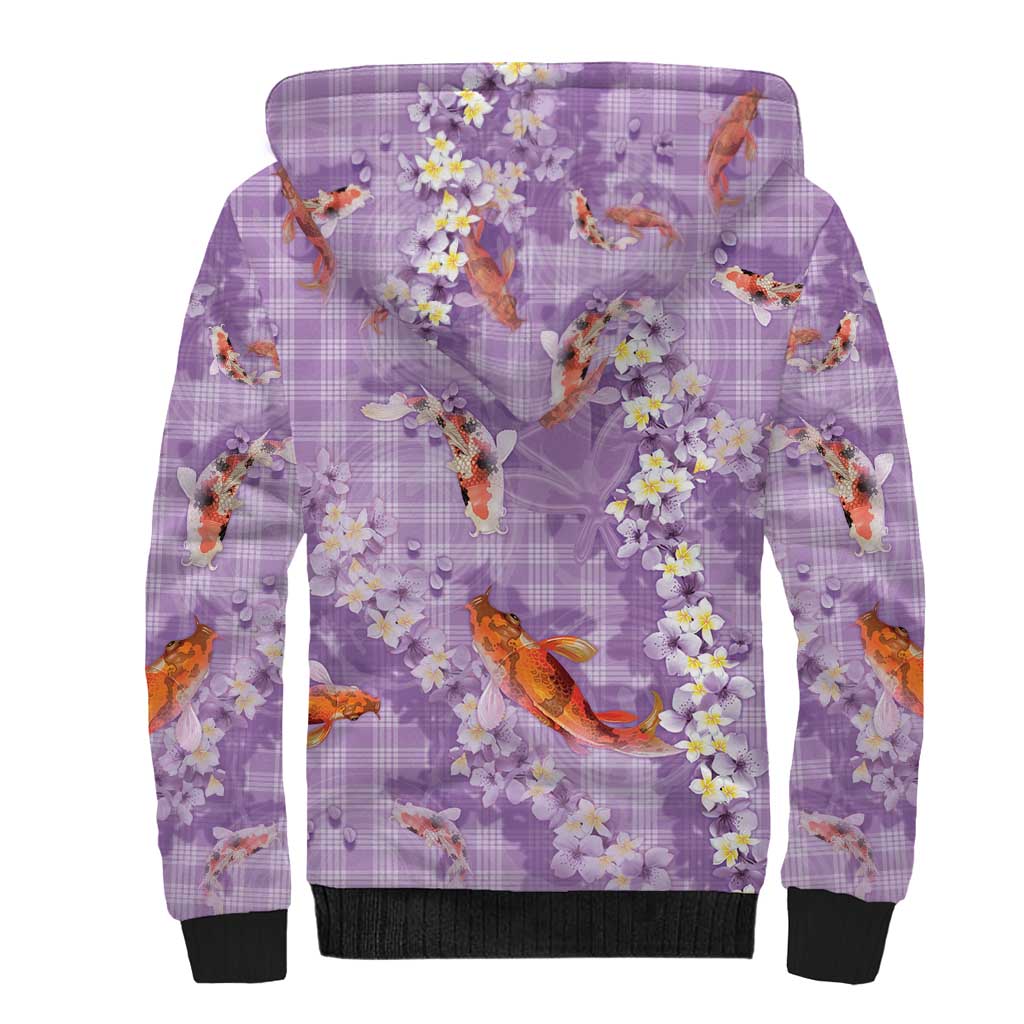 Purple Palaka Hawaiian And Japanese Sherpa Hoodie Sakura Lei With Koi Fish - Polynesian Pride
