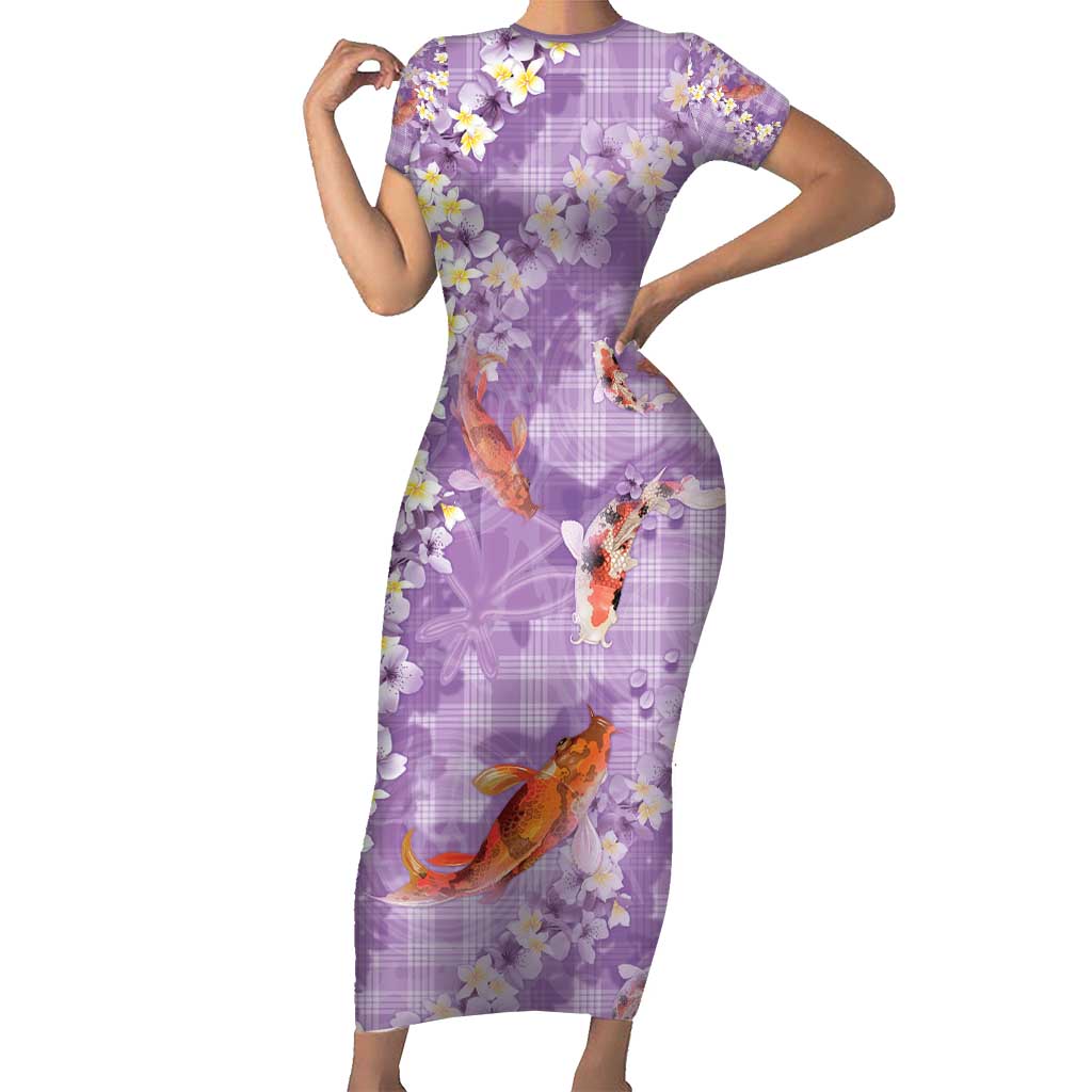Purple Palaka Hawaiian And Japanese Short Sleeve Bodycon Dress Sakura Lei With Koi Fish - Polynesian Pride