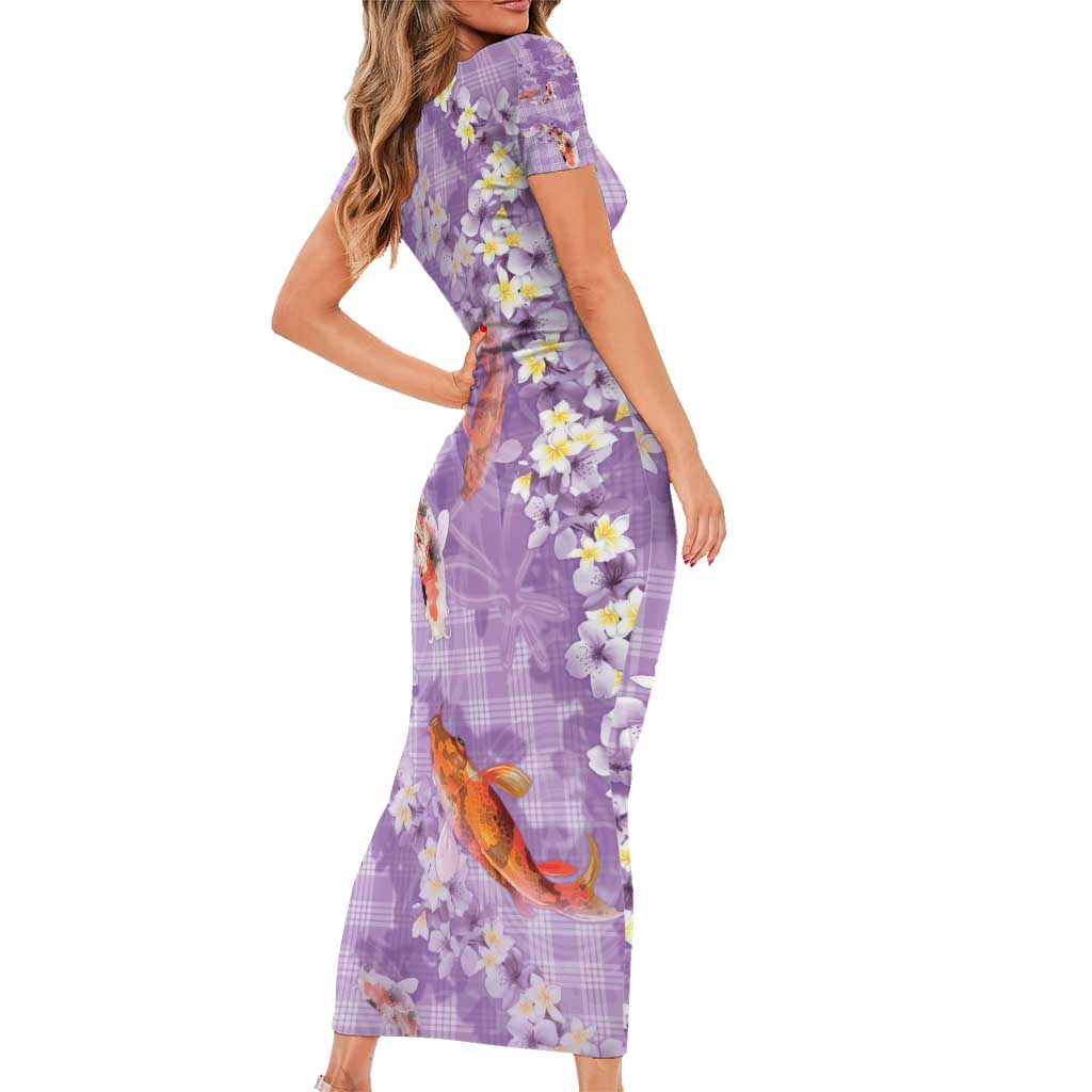 Purple Palaka Hawaiian And Japanese Short Sleeve Bodycon Dress Sakura Lei With Koi Fish - Polynesian Pride