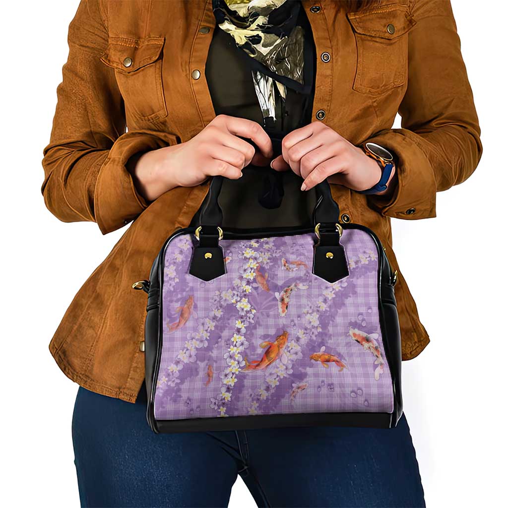 Purple Palaka Hawaiian And Japanese Shoulder Handbag Sakura Lei With Koi Fish - Polynesian Pride