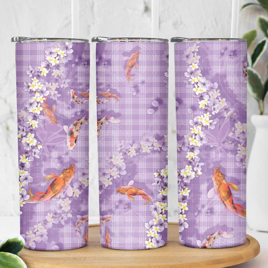 Purple Palaka Hawaiian And Japanese Skinny Tumbler Sakura Lei With Koi Fish - Polynesian Pride