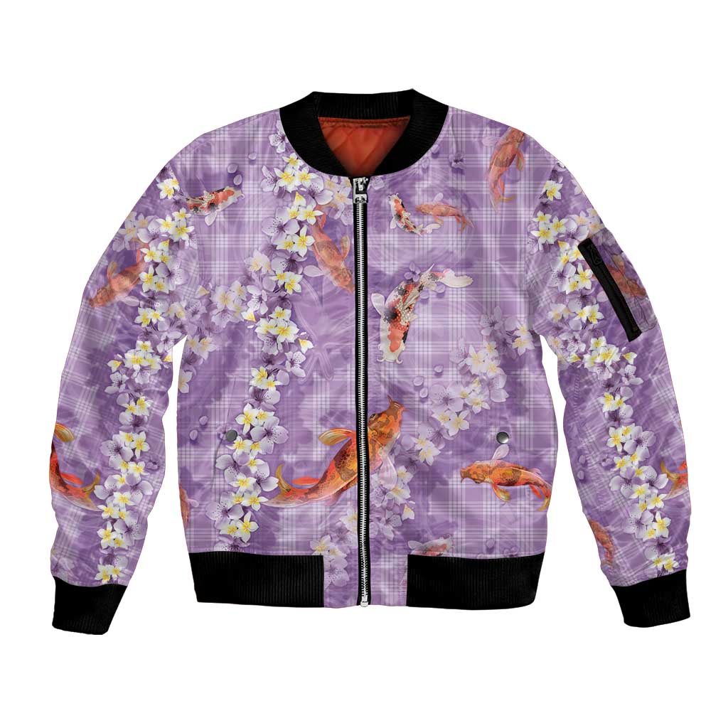 Purple Palaka Hawaiian And Japanese Sleeve Zip Bomber Jacket Sakura Lei With Koi Fish - Polynesian Pride