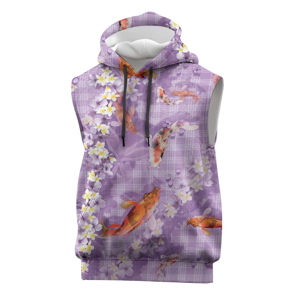 Purple Palaka Hawaiian And Japanese Sleeveless Hoodie Sakura Lei With Koi Fish - Polynesian Pride
