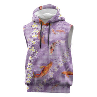 Purple Palaka Hawaiian And Japanese Sleeveless Hoodie Sakura Lei With Koi Fish - Polynesian Pride