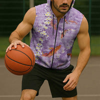 Purple Palaka Hawaiian And Japanese Sleeveless Zip Hoodie Sakura Lei With Koi Fish - Polynesian Pride