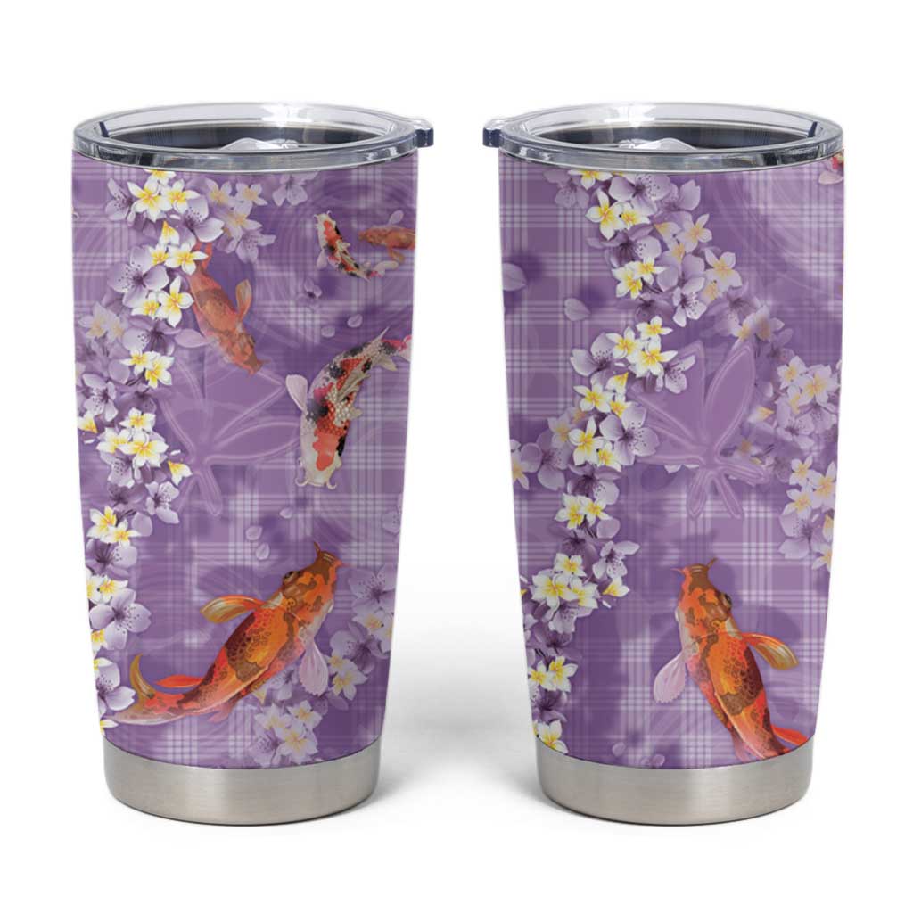 Purple Palaka Hawaiian And Japanese Tumbler Cup Sakura Lei With Koi Fish - Polynesian Pride