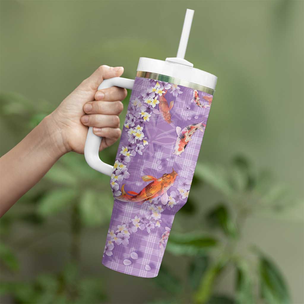 Purple Palaka Hawaiian And Japanese Tumbler With Handle Sakura Lei With Koi Fish - Polynesian Pride
