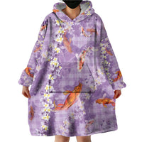 Purple Palaka Hawaiian And Japanese Wearable Blanket Hoodie Sakura Lei With Koi Fish - Polynesian Pride