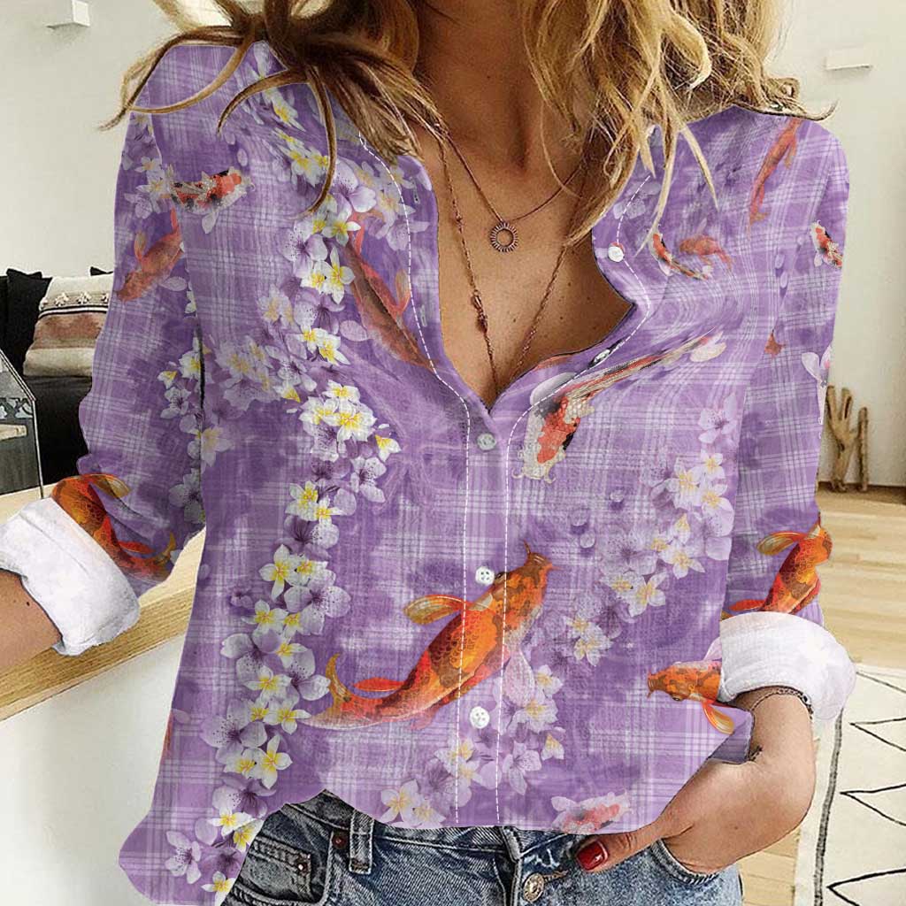 Purple Palaka Hawaiian And Japanese Women Casual Shirt Sakura Lei With Koi Fish - Polynesian Pride