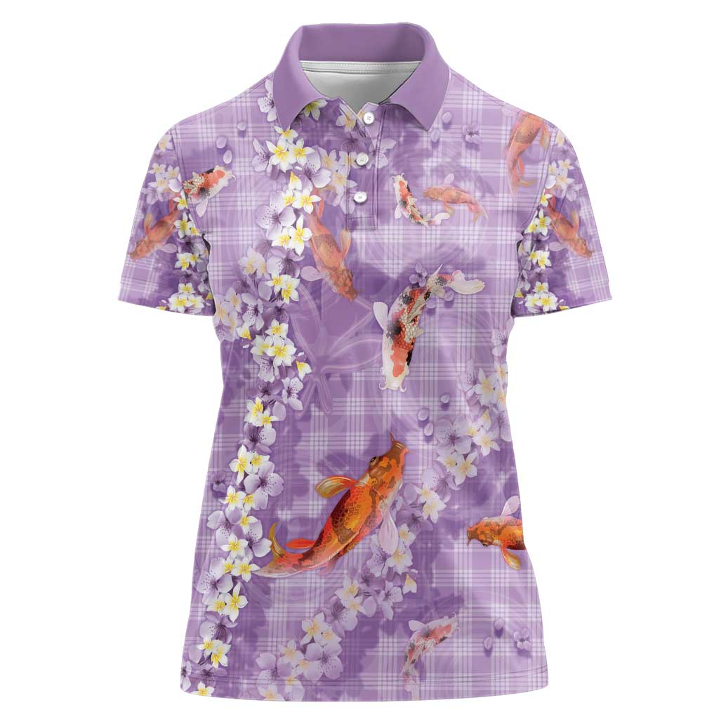 Purple Palaka Hawaiian And Japanese Women Polo Shirt Sakura Lei With Koi Fish - Polynesian Pride
