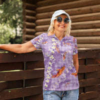 Purple Palaka Hawaiian And Japanese Women Polo Shirt Sakura Lei With Koi Fish - Polynesian Pride