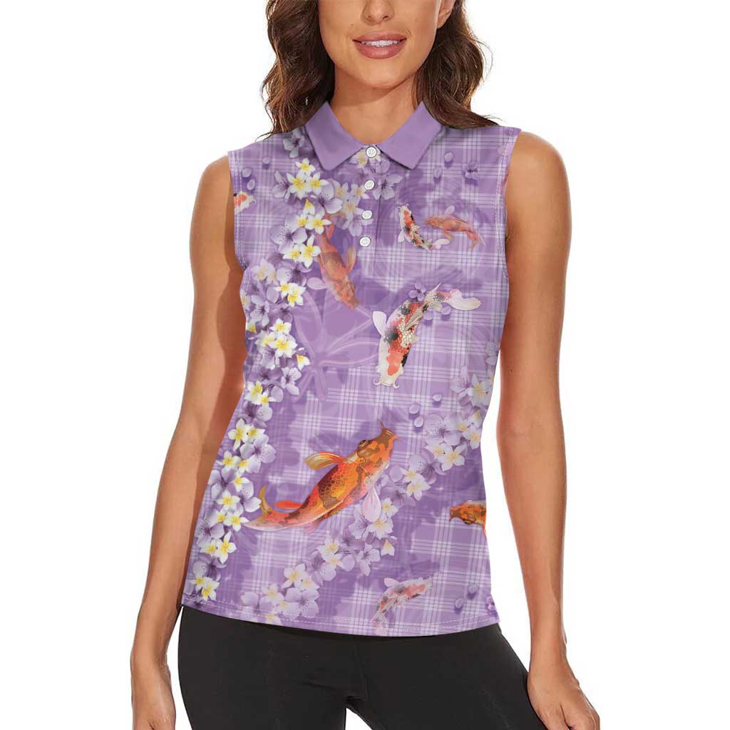 Purple Palaka Hawaiian And Japanese Women Sleeveless Polo Shirt Sakura Lei With Koi Fish - Polynesian Pride