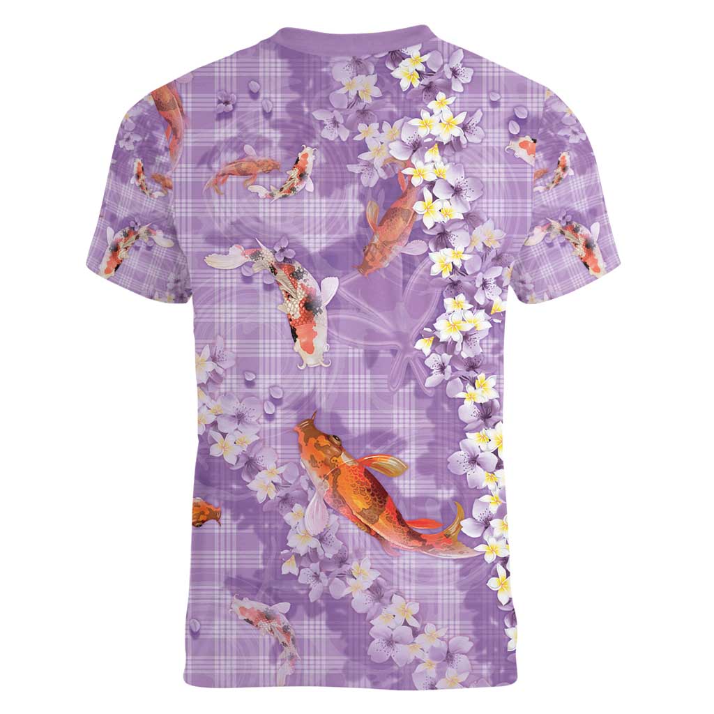 Purple Palaka Hawaiian And Japanese Women V-Neck T-Shirt Sakura Lei With Koi Fish - Polynesian Pride