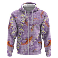 Purple Palaka Hawaiian And Japanese Zip Hoodie Sakura Lei With Koi Fish - Polynesian Pride