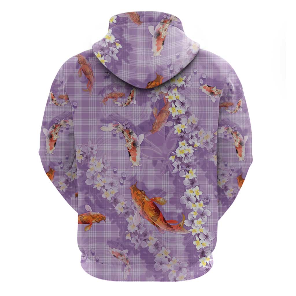 Purple Palaka Hawaiian And Japanese Zip Hoodie Sakura Lei With Koi Fish - Polynesian Pride