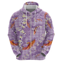 Purple Palaka Hawaiian And Japanese Zip Hoodie Sakura Lei With Koi Fish - Polynesian Pride