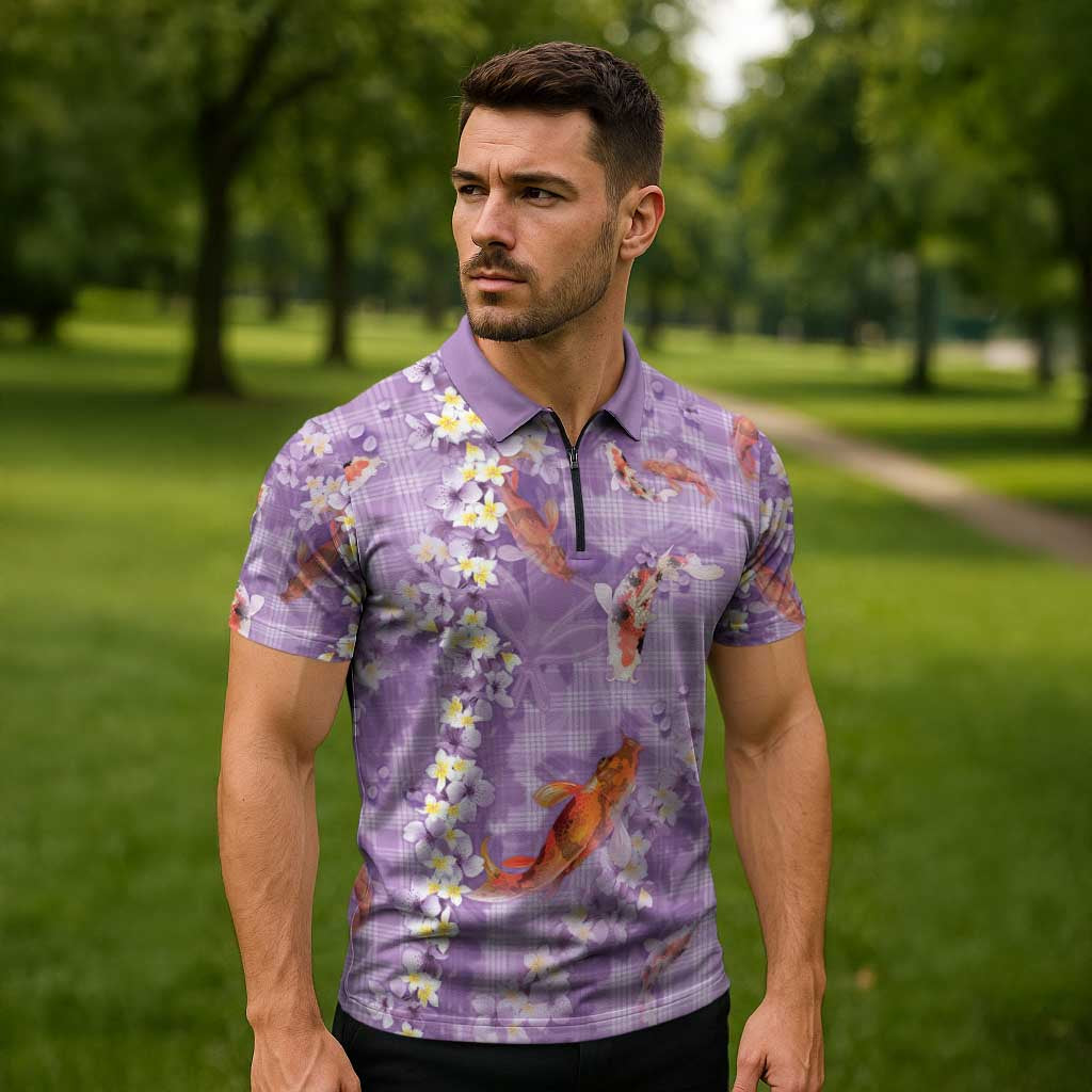 Purple Palaka Hawaiian And Japanese Zipper Polo Shirt Sakura Lei With Koi Fish - Polynesian Pride