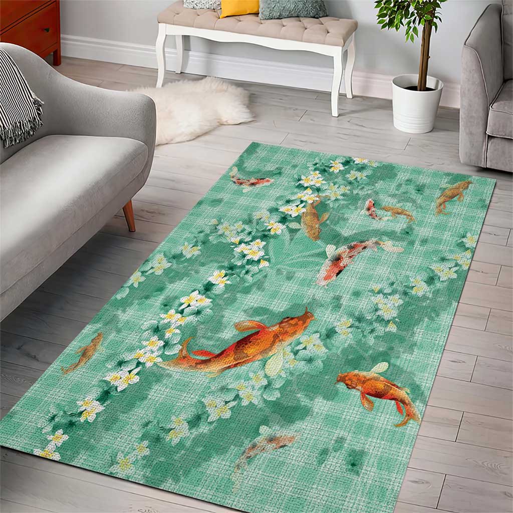 Green Palaka Hawaiian And Japanese Area Rug Sakura Lei With Koi Fish - Polynesian Pride